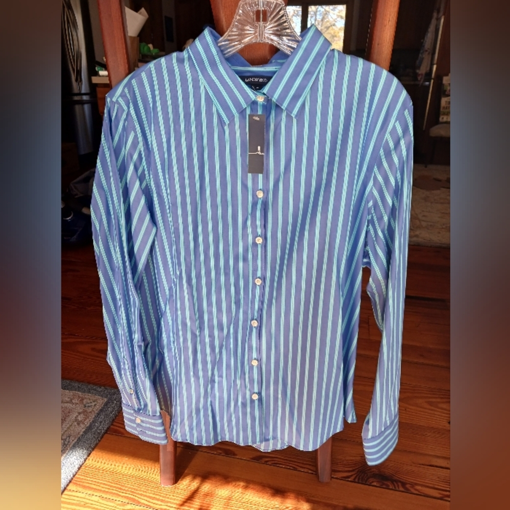 Lands' End 100% Cotton Blue Striped Broadcloth Button Front Tunic Sz 16 NWT